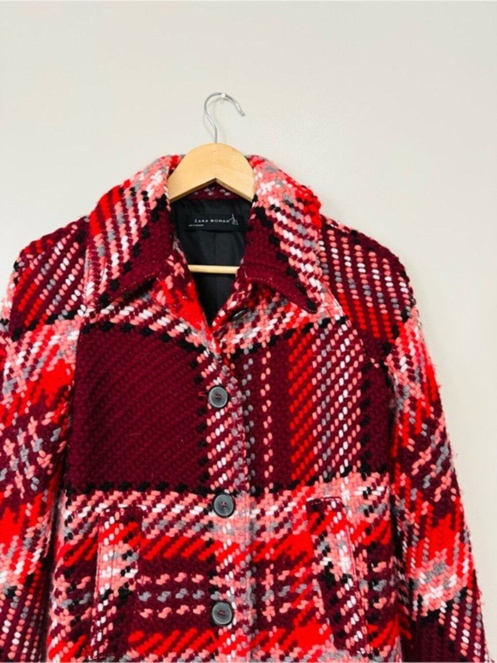 Zara Woman Red Burgundy Plaid Tweed Coat S Preppy Dark Academia - Picture 4 of 10